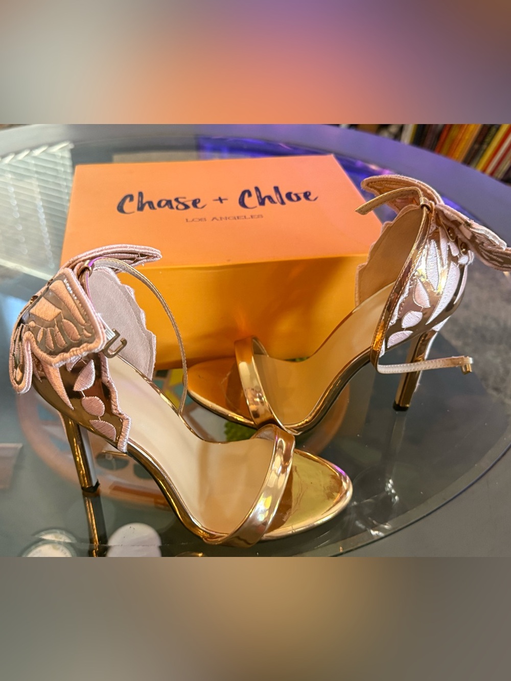 Chase + Chloe Metallic Rose Gold High Heel Sandals with Ankle Tie